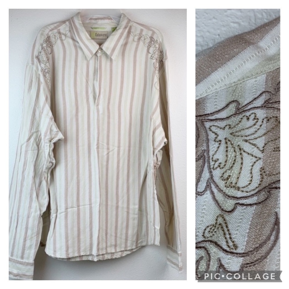 Cubavera linen rayon embroidered striped long sleeve Guayabera shirt with collar